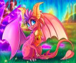  2019 activision claws day detailed_background digital_media_(artwork) dragon ember_(spyro) female feral grass hair hi_res horn membrane_(anatomy) membranous_wings outside pink_hair plaguedogs123 scalie sitting smile solo spyro_the_dragon video_games western_dragon wings 