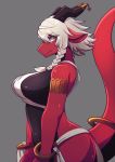  anthro armlet black_skin braided_hair breasts dragon female grey_background hair hanadaiteol horn multicolored_skin navel red_skin scalie side_view simple_background solo white_hair 