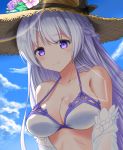  1girl alternate_costume azur_lane bangs bare_shoulders blue_sky blush bow bow_bikini braid breasts cleavage closed_mouth cloud day ena_tokisaka_(inadumakawaii) eyebrows_visible_through_hair from_below hair_between_eyes halterneck hat large_breasts lavender_hair long_hair looking_at_viewer off_shoulder outdoors purple_bow purple_eyes rodney_(azur_lane) rodney_(future_beach_admiral)_(azur_lane) shiny shiny_skin sky smile solo strap_gap straw_hat swimsuit upper_body 