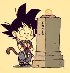  1boy :&gt; artist_name beige_background black_eyes black_footwear black_hair blush chibi commentary_request dougi dragon_ball dragon_ball_(classic) dragon_ball_(object) fenyon full_body hands_together happy lowres male_focus monkey_tail nyoibo praying shadow simple_background smile son_gokuu spiked_hair standing tail tombstone wristband 