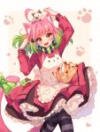  1girl :d ahoge animal animal_ear_fluff animal_ears animal_on_head apron arm_up artist_name blush breasts brown_background brown_eyes cat cat_ears cat_girl cat_hair_ornament cat_on_head cat_tail diagonal_stripes dress fangs frilled_apron frills gradient_hair green_hair hair_ornament heart highres hyanna-natsu long_hair multicolored_hair on_head open_mouth original pantyhose paw_background pink_dress pink_hair pleated_dress small_breasts smile solo striped striped_legwear tail white_apron 