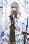  1girl absurdres alternate_costume azur_lane bangs bare_shoulders breasts cleavage_cutout closed_mouth commentary_request detached_sleeves grey_hair hair_between_eyes hair_ornament highres large_breasts long_hair looking_at_viewer red_eyes saint-louis_(azur_lane) smile solo unique_(pixiv12704744) weapon 