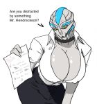  alien big_breasts blue_markings bottomwear breasts choker cleavage clothed clothing dialogue digital_media_(artwork) down_blouse drawing english_text facial_markings female green_eyes head_markings holding_object homework humanoid humor jacket jewelry leaning_foward looking_at_viewer markings mass_effect mortal_rot ms._railiex necklace paper simple_background skirt solo talking_to_viewer teacher text topwear turian video_games white_background 
