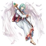  1boy aqua_hair belt feathered_wings feathers full_body green_eyes joshua_jerand male_focus official_art sandals staff star_ocean star_ocean_anamnesis star_ocean_first_departure transparent_background wings 