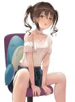  1girl :o absurdres arm_support bangs bare_legs between_legs blush bracelet breasts brown_eyes brown_hair chair choker cleavage collar collarbone feet_out_of_frame hair_between_eyes hand_between_legs highres idolmaster idolmaster_cinderella_girls ikea_shark jewelry looking_at_viewer mole mole_under_eye off_shoulder on_chair open_mouth pjkka pleated_skirt shark sharp_teeth shirt short_sleeves short_twintails sidelocks simple_background sitting skirt stuffed_animal stuffed_toy sunazuka_akira teeth twintails white_background white_choker white_shirt 