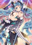  1boy 1girl absurdly_long_hair aqua_eyes aqua_hair black_pants blue_eyes blue_hair curtains dagger floating_hair gloves hat hatsune_miku highres hug kaito long_hair looking_at_viewer magical_mirai_(vocaloid) mini_hat mini_top_hat mismatched_legwear pants skirt striped striped_legwear swing thighhighs top_hat twintails vertical-striped_legwear vertical_stripes very_long_hair vocaloid weapon white_gloves yorarry 