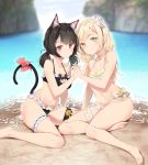  2girls agnamore animal_ear_fluff animal_ears bangs bare_arms bare_shoulders barefoot beach bikini black_bikini black_hair blonde_hair blue_sky blurry blurry_background bow breasts cat_ears cat_girl cat_tail cleavage cloud collarbone commentary_request day depth_of_field eyebrows_visible_through_hair flower frilled_bikini frills hair_flower hair_ornament holding_hands interlocked_fingers long_hair medium_breasts multiple_girls navel original outdoors red_bow red_eyes rose sand sitting sky small_breasts swimsuit tail tail_bow water white_bikini white_flower white_rose yellow_eyes yokozuwari 