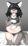  2019 bed black_hair blue_eyes blush bodily_fluids bra breasts canid canine canis clothing eyewear female glasses grey_background hair hand_on_stomach heterochromia kneeling looking_at_viewer mammal navel on_bed open_mouth overweight simple_background solo tears transformation underwear wolf yellow_eyes 失くし物 