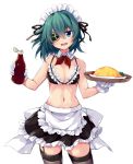  1girl alternate_costume apron bikini black_bikini black_skirt cowboy_shot enmaided eyepatch frilled_apron frilled_bikini frilled_bikini_top frills garter_straps green_eyes green_hair grey_legwear kantai_collection kiso_(kantai_collection) looking_at_viewer maid maid_bikini maid_headdress odawara_hakone open_mouth pleated_skirt school_uniform serafuku short_hair simple_background skirt smile solo swimsuit thighhighs upper_teeth waist_apron white_apron white_background 