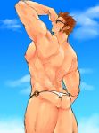  1boy absurdres ass bara bare_back beard betweeneyeblow blue_eyes blush brown_hair chest dress facial_hair fate/grand_order fate_(series) glasses highres looking_at_viewer male_focus muscle napoleon_bonaparte_(fate/grand_order) nipples pectorals simple_background smile solo swimwear thighs tight_dress tongue topless upper_body 