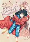  1girl animal_ears barefoot black_hair blue_pants blue_shirt closed_eyes closed_mouth couple fox_ears grey_background higurashi_kagome hug inuyasha inuyasha_(character) japanese_clothes kimono long_hair motobi_(mtb_umk) pajamas pants plaid plaid_pants plaid_shirt red_kimono red_pants shiny shiny_hair shirt silver_hair sitting soles solo very_long_hair 