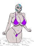  3_fingers alien big_breasts bikini blue_markings breasts camel_toe clothed clothing digital_media_(artwork) eyelashes facial_markings female fingers green_eyes head_markings humanoid looking_at_viewer markings mass_effect mortal_rot ms._railiex navel nipple_outline nipples open_mouth portrait purple_clothing simple_background skimpy solo swimwear tight_clothing turian video_games water white_background 