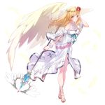  1girl blonde_hair bow circlet dress eris_jerand feathered_wings feathers flower full_body hair_flower hair_ornament leaf long_hair official_art sandals solo staff star_ocean star_ocean_anamnesis star_ocean_first_departure transparent_background wings yellow_eyes 