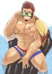  1boy abs bara beard blue_eyes brown_hair chest facial_hair fate/grand_order fate_(series) glasses hand_on_eyewear highres huge_weapon looking_at_viewer male_focus muscle napoleon_bonaparte_(fate/grand_order) nipples pectorals raised_eyebrows scar shigetashigezo shorts simple_background smile solo swimwear teeth thighs water_drop weapon 