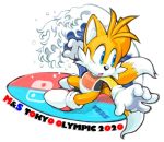  2_tails anthro better_version_at_source blue_eyes canid canine clothing english_text erosuke footwear fox fur gloves handwear mammal miles_prower multi_tail nintendo nintendo_switch sega shirt shoes simple_background sonic_(series) surf text topwear video_games water white_background white_fur yellow_fur 