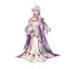  1girl absurdres bangs bare_shoulders book book_hug breasts cape chachie circlet closed_mouth commentary dress fire_emblem fire_emblem:_genealogy_of_the_holy_war fire_emblem_heroes full_body hair_ornament highres holding holding_book jewelry julia_(fire_emblem) light_smile long_dress long_hair long_sleeves looking_at_viewer medium_breasts official_art purple_cape purple_eyes purple_hair sandals see-through shiny shiny_hair simple_background smile solo standing toes turtleneck white_background wide_sleeves 