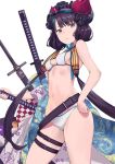  belt bikini blue_eyes blue_ribbon breasts fate/grand_order fate_(series) floral_print goggles goggles_on_head hair_ornament hand_on_hip holding holding_sword holding_weapon juu_roku_gen katana katsushika_hokusai_(fate/grand_order) katsushika_hokusai_(swimsuit_saber)_(fate) long_hair looking_at_viewer medium_breasts navel purple_hair ribbon simple_background standing swimsuit sword weapon white_background white_bikini 