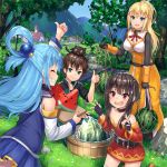  1boy 3girls aqua_(konosuba) black_hair blonde_hair blue_eyes blue_hair blush breasts cat chomusuke darkness_(konosuba) food fruit hair_ornament hair_rings hat holding holding_food holding_fruit kono_subarashii_sekai_ni_shukufuku_wo! large_breasts long_hair megumin multiple_girls open_mouth pensuke ponytail red_eyes satou_kazuma short_hair watermelon witch_hat 