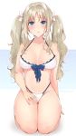  1girl alternate_costume alternate_hairstyle bikini blonde_hair blue_eyes breasts collarbone commentary_request darling_in_the_franxx frilled_bikini frills front-tie_top highleg highleg_bikini highleg_swimsuit kokoro_(darling_in_the_franxx) kyarotto_(zenkixd) long_hair looking_at_viewer medium_breasts seiza sitting solo swimsuit twintails white_background white_bikini 