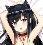  1girl animal_ears arms_behind_head asashio_(kantai_collection) black_hair blue_eyes blush brown_collar cat_ears collar collarbone commentary_request eyebrows_visible_through_hair heart heart_in_eye kantai_collection long_hair looking_at_viewer lying on_back red_heart saliva solo symbol_in_eye zhiyou_ruozhe 