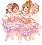  2girls :3 \m/ bangs bare_shoulders blush bow breasts brown_eyes brown_hair collarbone commentary dress eyebrows_visible_through_hair flower frills full_body gloves green_flower hair_bow hair_flower hair_ornament highres idolmaster idolmaster_cinderella_girls idolmaster_cinderella_girls_starlight_stage igarashi_kyouko jewelry large_breasts long_hair looking_at_viewer medium_breasts moroboshi_kirari multiple_girls necklace open_mouth pink_dress pink_flower pink_footwear red_flower shoes sirurabbit white_gloves 
