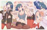  2girls :&gt; blush breasts byleth_(fire_emblem) byleth_(fire_emblem)_(female) cleavage edelgard_von_hresvelg fire_emblem fire_emblem:_three_houses full-face_blush green_hair holding_hands hug korokorokoroko multiple_girls navel open_mouth pantyhose pillow red_legwear school_uniform sequential silver_hair sleeping sleeveless smile spooning stomach stuffed_animal stuffed_toy sweat tank_top teddy_bear yuri 