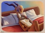  2019 antelope anthro bed blonde_hair bovid breasts brown_eyes cuddling disney duo ears_down eyes_closed eyeshadow female female/female fur gazelle gazelle_(zootopia) hair half-closed_eyes hi_res horn hug inside interspecies judy_hopps lagomorph larger_female leporid long_neck looking_down lying makeup mammal multicolored_fur nipples nude on_back on_bed pillow pivoted_ears rabbit s1m size_difference sleeping two_tone_fur zootopia 