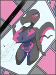  2019 anthro artesjsc big_breasts big_tail blush bra breasts clothed clothing digital_media_(artwork) embarrassed female nintendo pok&eacute;mon pok&eacute;mon_(species) purple_sclera reptile salandit salazzle scalie simple_background topwear underwear video_games wide_hips 