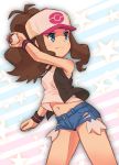  1girl baseball_cap blue_eyes blue_shorts brown_hair closed_mouth denim denim_shorts frown hat high_ponytail holding holding_poke_ball long_hair midriff multiple_girls navel nyonn24 poke_ball poke_ball_print pokemon pokemon_(game) pokemon_bw print_hat shiny shiny_skin shirt short_shorts shorts sleeveless sleeveless_shirt solo standing star starry_background stomach striped striped_background torn_clothes torn_shorts touko_(pokemon) v-shaped_eyebrows white_headwear white_shirt wristband 