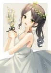  1girl bangs bare_shoulders black_hair black_ribbon blush breasts collarbone dress earrings flower green_eyes highres holding holding_flower jewelry long_hair looking_at_viewer original parted_bangs ponytail ribbon sidelocks simple_background small_breasts smile solo upper_teeth white_dress white_flower yuhi_(hssh_6) 