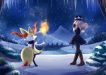  1girl black_coat black_gloves black_headwear black_legwear blue_eyes blue_skirt boots braixen brown_footwear brown_hair coat_dress dress fire forest full_body gloves hat holding knee_boots konna-nani long_hair long_sleeves mountainous_horizon nature night night_sky outdoors pantyhose pokemon pokemon_(game) pokemon_xy print_scarf profile scarf serena_(pokemon) shiny shiny_hair short_dress skirt sky snowing solo star_(sky) star_hat_ornament starry_sky winter 