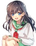  1girl :d black_hair blue_eyes eyebrows_visible_through_hair green_sailor_collar green_skirt hair_between_eyes hands_on_own_knees higurashi_kagome inuyasha long_hair long_sleeves looking_at_viewer miniskirt motobi_(mtb_umk) neckerchief open_mouth pleated_skirt red_neckwear sailor_collar school_uniform serafuku shiny shiny_hair shirt simple_background skirt smile solo squatting white_background white_shirt 