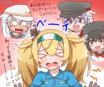  &gt;_&lt; black_hair blonde_hair blush character_request commentary_request cosplay costume gambier_bay_(kantai_collection) gangut_(kantai_collection) gangut_(kantai_collection)_(cosplay) grey_eyes grey_hair haguro_(kantai_collection) hair_ornament hairband hairclip hammer_and_sickle hat hibiki_(kantai_collection) kantai_collection long_hair miccheru open_mouth peaked_cap radar smile star tan tashkent_(kantai_collection) tashkent_(kantai_collection)_(cosplay) translation_request upper_body verniy_(kantai_collection) verniy_(kantai_collection)_(cosplay) wavy_mouth 