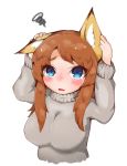  2019 animal_humanoid big_breasts blue_eyes blush bodily_fluids breasts canid canid_humanoid canine canine_humanoid clothing female fox_humanoid humanoid looking_at_viewer mammal mammal_humanoid open_mouth simple_background solo sweater tears topwear white_background 失くし物 