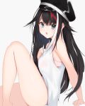  1girl :o azur_lane bangs bare_arms bare_legs bare_shoulders black_hair blue_eyes bra breasts commentary_request deutschland_(azur_lane) eyebrows_visible_through_hair fang feet_out_of_frame from_side hat highres knee_up long_hair looking_at_viewer medium_breasts military_hat multicolored_hair no_pants oldevixen open_mouth peaked_cap pink_bra sidelocks simple_background sitting solo streaked_hair underwear white_background 