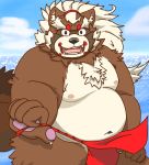  2019 anthro belly brown_fur canid canine clothing fundoshi fur goemon_(tas) hon55728 humanoid_hands japanese_clothing male mammal moobs navel nipples outside overweight overweight_male raccoon_dog solo tanuki tokyo_afterschool_summoners underwear video_games water 