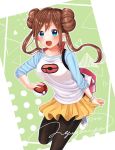 1girl :o black_legwear blue_eyes blue_sleeves blush brown_hair double_bun floating_hair hair_between_eyes highres holding holding_poke_ball leg_up long_hair long_sleeves looking_at_viewer mei_(pokemon) miniskirt open_mouth pantyhose pleated_skirt poke_ball poke_ball_print pokemon pokemon_(game) pokemon_bw2 print_shirt quowinter shiny shiny_hair shirt shoes signature skirt sneakers solo standing standing_on_one_leg white_shirt yellow_skirt 