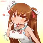  1girl bare_shoulders brown_eyes brown_hair bubble_tea_challenge cup hair_ribbon hat kantai_collection libeccio_(kantai_collection) long_hair looking_at_viewer miccheru neckerchief no_bra ribbon smirk solo star translation_request trembling twintails v 