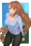  1girl artist_name beatrix_(granblue_fantasy) black_pants blue_sweater blush border breasts brown_eyes brown_hair casual cleavage collarbone contemporary forest granblue_fantasy highres large_breasts lazycoffee_(wyen_iscordo) long_hair looking_at_viewer nature pants ponytail signature smile solo sweater very_long_hair white_border 