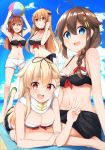 4girls absurdres adapted_costume ahoge ball beach beachball bikini black_bikini black_hair black_ribbon black_sarong blonde_hair blue_eyes blue_sky braid breasts brown_eyes brown_hair cleavage cloud day hair_flaps hair_over_shoulder hair_ribbon hairband heterochromia highres kantai_collection light_brown_hair long_hair looking_at_viewer lying medium_breasts multiple_girls murasame_(kantai_collection) navel on_stomach orange_eyes outdoors red_eyes red_hairband remodel_(kantai_collection) ribbon sakikumo_(sakumo) sarong scarf shigure_(kantai_collection) shiratsuyu_(kantai_collection) shorts single_braid sitting sky smile standing swimsuit two_side_up v wariza white_scarf white_shorts yuudachi_(kantai_collection) 