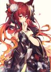  1girl animal_ears anthuria bangs bare_shoulders black_gloves black_kimono blush bracelt breasts covered_mouth cowboy_shot detached_sleeves erune flower gloves granblue_fantasy hair_between_eyes hair_flower hair_ornament homaderi japanese_clothes kimono large_breasts long_hair looking_at_viewer red_eyes red_hair sidelocks single_half_glove solo 
