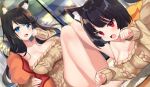  2girls :d animal_ear_fluff animal_ears aran_sweater azur_lane bare_legs bare_shoulders barefoot black_hair blue_eyes breasts brown_sweater cat_ears cleavage collarbone commentary_request dutch_angle fang fusou_(azur_lane) fusou_(fluffy_helpmate)_(azur_lane) knees_up kurot large_breasts long_hair long_sleeves looking_at_viewer multiple_girls off-shoulder_sweater off_shoulder open_mouth paw_pose red_eyes short_hair sitting smile sweater thighs yamashiro_(azur_lane) 