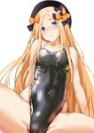  1girl abigail_williams_(fate/grand_order) bare_shoulders black_bow black_swimsuit blonde_hair blue_eyes bow breasts collarbone covered_navel eyebrows_visible_through_hair fate/grand_order fate_(series) hair_bow juu_roku_gen long_hair looking_at_viewer medium_breasts one-piece_swimsuit orange_bow polka_dot polka_dot_bow shiny shiny_clothes shiny_swimsuit simple_background solo spread_legs swimsuit white_background 