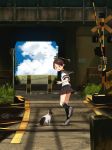  1girl 1other annin_musou black_legwear blue_sky brown_hair brown_sailor_collar brown_skirt cat cloud day grey_footwear highres kantai_collection kneehighs outdoors ponytail railroad_crossing railroad_signal railroad_tracks sailor_collar scenery school_uniform serafuku shikinami_(kantai_collection) short_hair short_ponytail sign skirt sky smile tunnel 