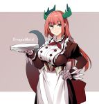  1girl apron breasts brown_dress cowboy_shot dragon_girl dragonmaid_tillroo dress duel_monster gloves green_eyes hand_on_hip horns juliet_sleeves large_breasts long_hair long_sleeves looking_at_viewer maid plate puffy_sleeves purple_background red_hair simple_background smile solo standing tail tsukinami_kousuke white_apron yuu-gi-ou 