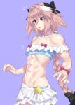  1boy abs astolfo_(fate) bare_shoulders bikini bikini_skirt black_bow bow braid commentary_request eyebrows_visible_through_hair fang fate_(series) hair_bow hair_intakes hair_ornament highres long_braid long_hair male_focus mizuumi_(bb) multicolored_hair navel otoko_no_ko pink_hair pink_ribbon purple_background red_eyes ribbon simple_background single_braid skirt solo star streaked_hair striped striped_bikini swimsuit white_hair 