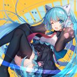  1girl axent_wear bison_cangshu black_legwear blue_eyes blue_hair cat_ear_headphones detached_sleeves eyebrows_visible_through_hair hands_on_headphones hatsune_miku headphones long_hair looking_at_viewer necktie one_eye_closed open_mouth paw_print_pattern skirt solo thighhighs twintails very_long_hair vocaloid yellow_background 