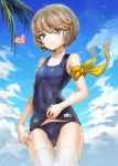  &gt;_&lt; 1boy :&lt; :3 absurdres blue_swimsuit brown_hair closers commentary_request day from_below gd._fengzi green_eyes heart highres mistilteinn_(closers) navel otoko_no_ko outdoors palm_tree ribbon short_hair solo swimsuit thighhighs tree white_legwear yellow_ribbon 