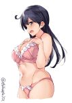  1girl ahoge bare_shoulders black_hair bra breasts cleavage ebifurya eyebrows_visible_through_hair frilled_bra frilled_panties frills from_side hands_on_own_chest highres kantai_collection large_breasts long_hair looking_at_viewer midriff navel open_mouth panties pink_bra pink_panties solo stomach thighs twitter_username underwear underwear_only ushio_(kantai_collection) wavy_mouth 
