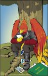  anthro avian beak bird detailed_background digital_media_(artwork) european_mythology eviljrgr forest grass greek_mythology male marcus_red mythological_bird mythological_firebird mythology outside phoenix photo red_feather sitting smile solo spanish_text text tree wings 